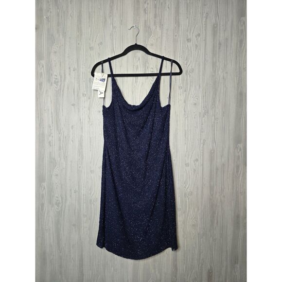 Scala Vintage 90s Beaded Silk Slip Dress Navy Blue NWT Size L Evening Glam - Picture 4 of 10